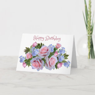 Happy Birthday Pink Roses and Lilac Flowers  Card