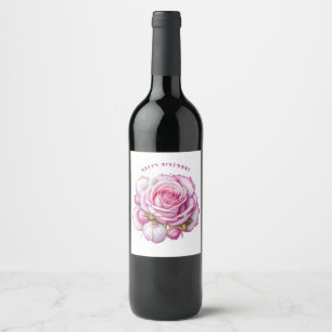 Happy Birthday Pink Roses and Sparkling Diamonds Wine Label