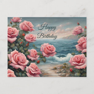 Happy Birthday Pink Roses by the Ocean Postcard