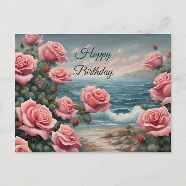 Happy Birthday Pink Roses by the Ocean  Postcard (Front)