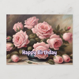Happy Birthday Pink Roses in Vase  Postcard