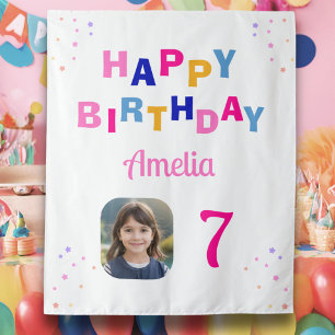 Happy Birthday Pink Stars Girl Photo Backdrop  Tapestry