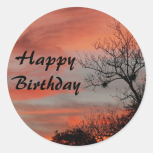 Happy Birthday, pink sunrise with tree Classic Round Sticker