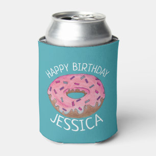Happy Birthday Pink Teal Frosted Doughnut Doughnut Can Cooler