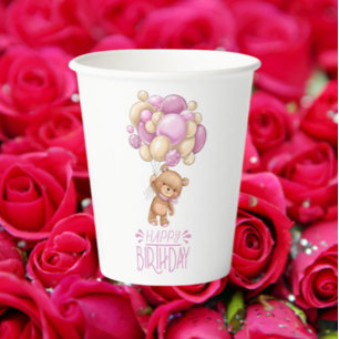 HAPPY birthday pink teddy balloon girl   Paper Cups