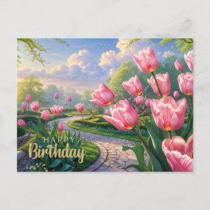 Happy Birthday Pink Tulip Garden in Spring  Postcard