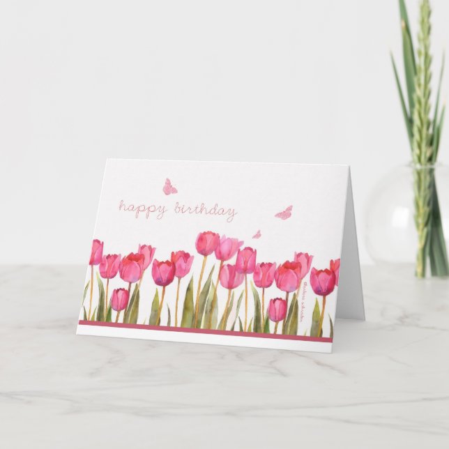 happy birthday, pink tulips and butterflies card (Front)