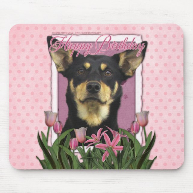 Happy Birthday - Pink Tulips - Australian Kelpie Mouse Mat (Front)