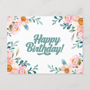 Happy Birthday Pink Watercolor Flowers Postcard