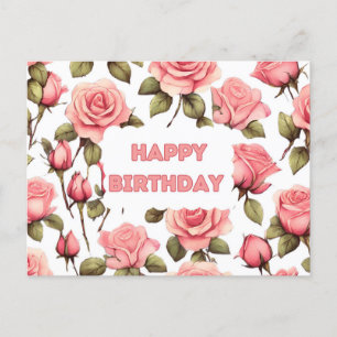 Happy Birthday Pink Watercolor Roses Postcard