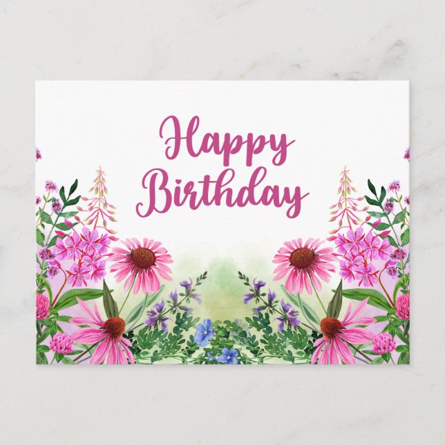 Happy Birthday Pink Watercolor Wildflowers  Postcard (Front)
