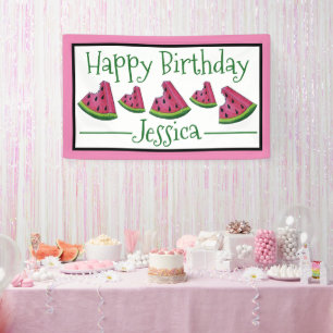 Happy Birthday Pink Watermelon Slice Fruit Picnic Banner