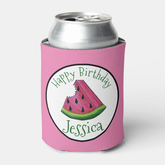 Happy Birthday Pink Watermelon Slice Fruit Picnic Can Cooler (Can Front)