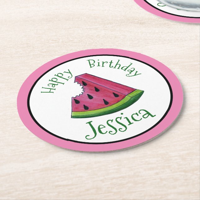 Happy Birthday Pink Watermelon Slice Fruit Picnic Round Paper Coaster (Angled)