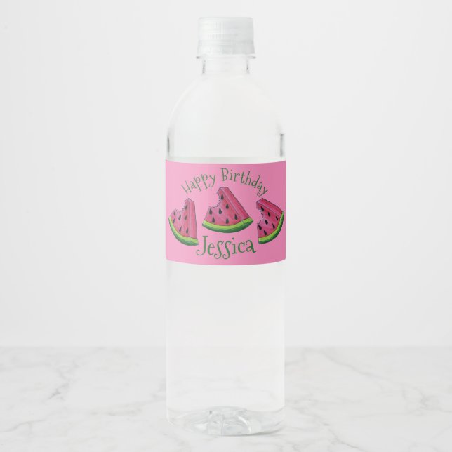 Happy Birthday Pink Watermelon Slice Fruit Picnic Water Bottle Label (Front)