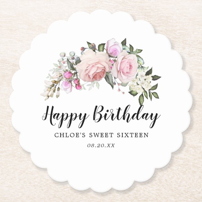 Happy Birthday Pink White Floral Paper Coaster (Front)