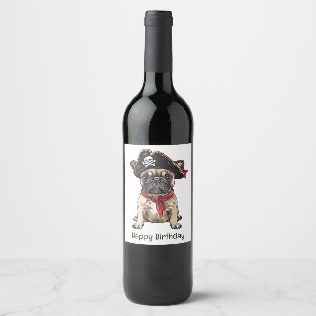 Happy Birthday Pirate French Bulldog Wine Label (Front)