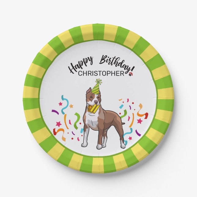 Happy Birthday Pitbull Light Dog Party Paper Plate (Front)