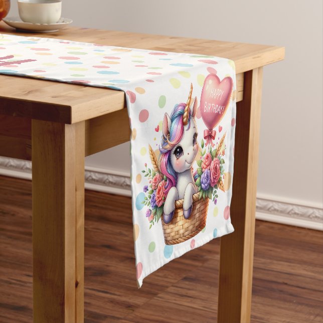 Happy Birthday Polka Dot Cute Unicorn Short Table Runner (In Situ)