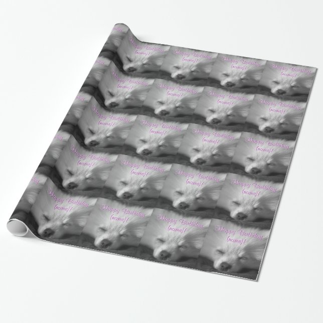 Happy Birthday, Pomeranian Puppy Snoozing Wrapping Paper (Unrolled)