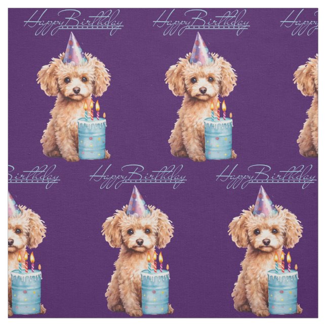 Happy Birthday Poodle with Party Hat & Bday Cake Fabric (Swatch)