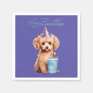 Happy Birthday Poodle with Party Hat & Bday Cake  Napkin