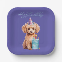 Happy Birthday Poodle with Party Hat & Bday Cake 