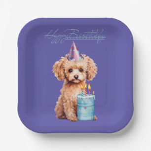 Happy Birthday Poodle with Party Hat & Bday Cake Paper Plate