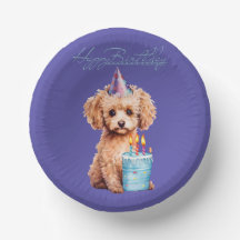 Happy Birthday Poodle with Party Hat & Bday Cake 
