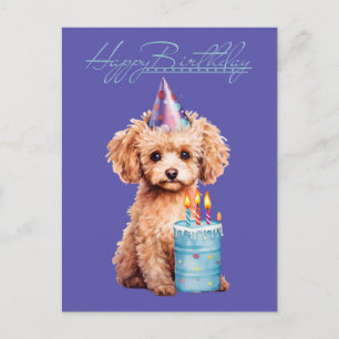 Happy Birthday Poodle with Party Hat & Bday Cake Postcard