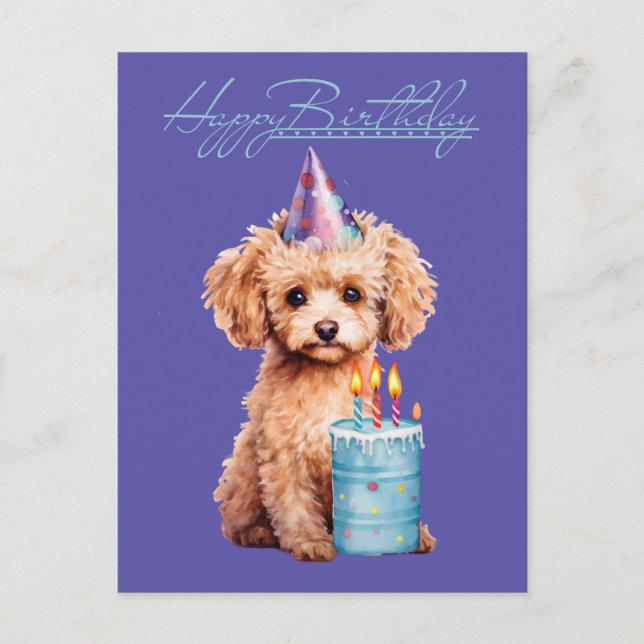 Happy Birthday Poodle with Party Hat & Bday Cake  Postcard (Front)