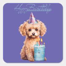 Happy Birthday Poodle with Party Hat & Bday Cake 