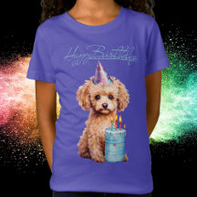 Happy Birthday Poodle with Party Hat & Bday Cake