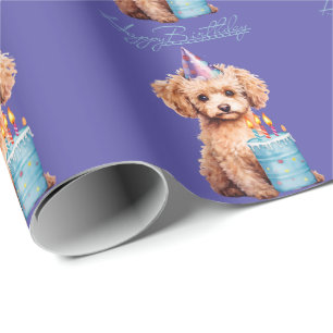 Happy Birthday Poodle with Party Hat & Bday Cake Wrapping Paper
