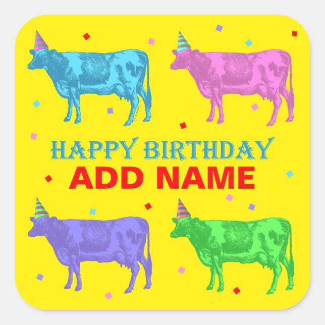 Happy Birthday Pop Art Cows Square Sticker (Front)