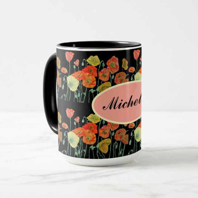 Happy Birthday Poppy floral Orange ladies Name Mug (Front Left)