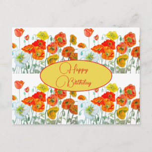Happy Birthday Poppy floral Red Yellow Postcard