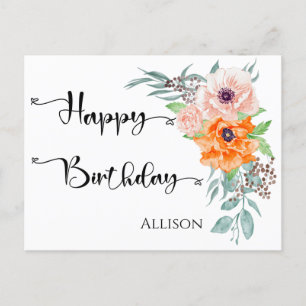 Happy Birthday Poppy Flowers Watercolor  Postcard