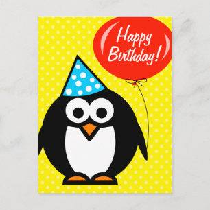 Happy Birthday postcard   cute penguin and balloon