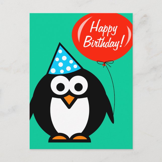 Happy Birthday postcard | penguin with red balloon (Front)