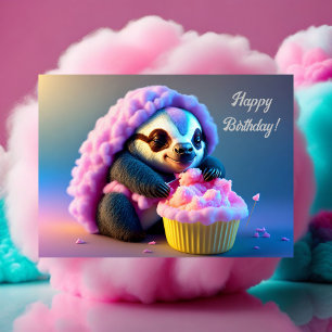 Happy Birthday Postcard, Sloth in cotton candy Postcard