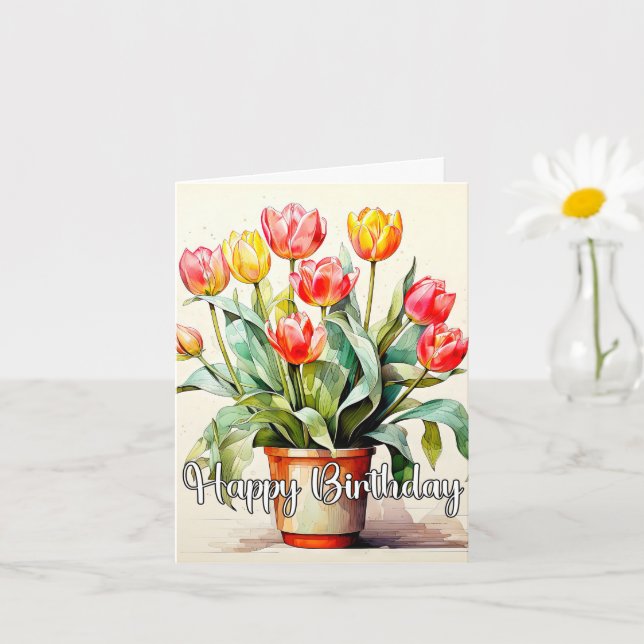Happy Birthday Potted Blooming Tulip Flowers Card (Small Plant)