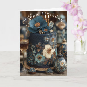 Happy Birthday Pretty Blue White Flowers Cake Card