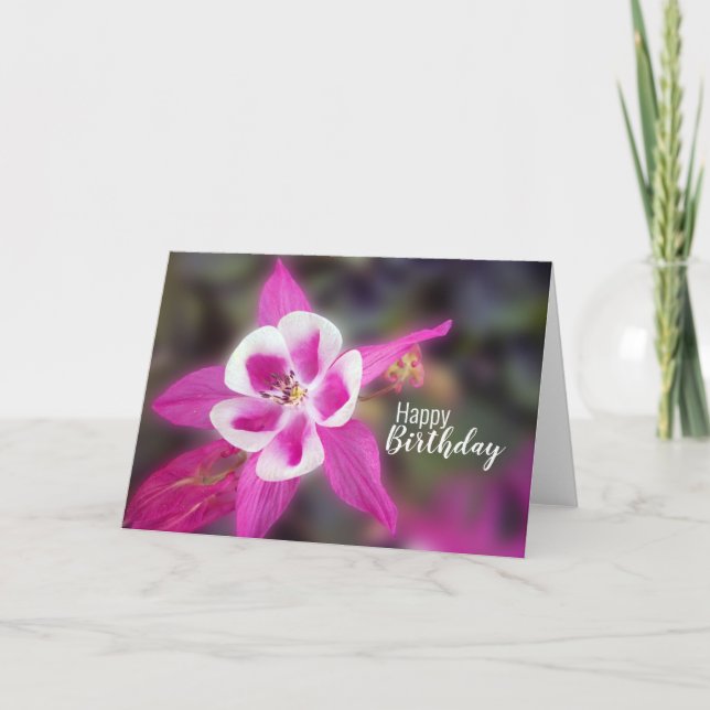Happy Birthday Pretty Columbine Pink Flower Card (Front)