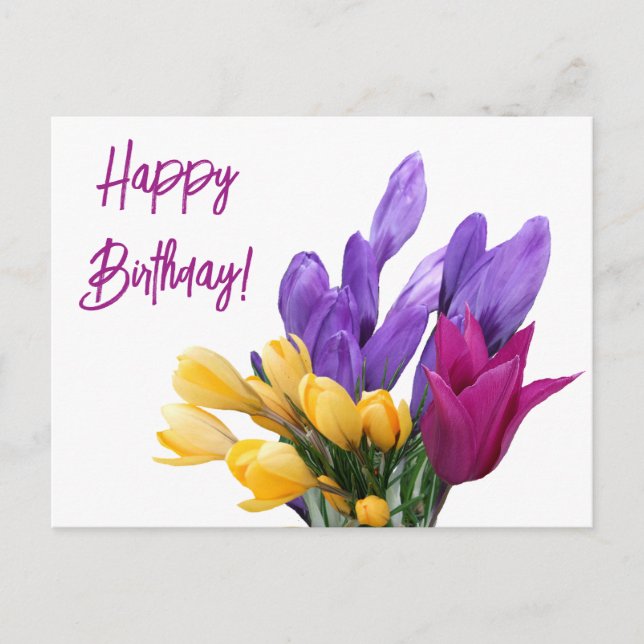 Happy Birthday pretty floral colourful crocus cute Holiday Postcard (Front)