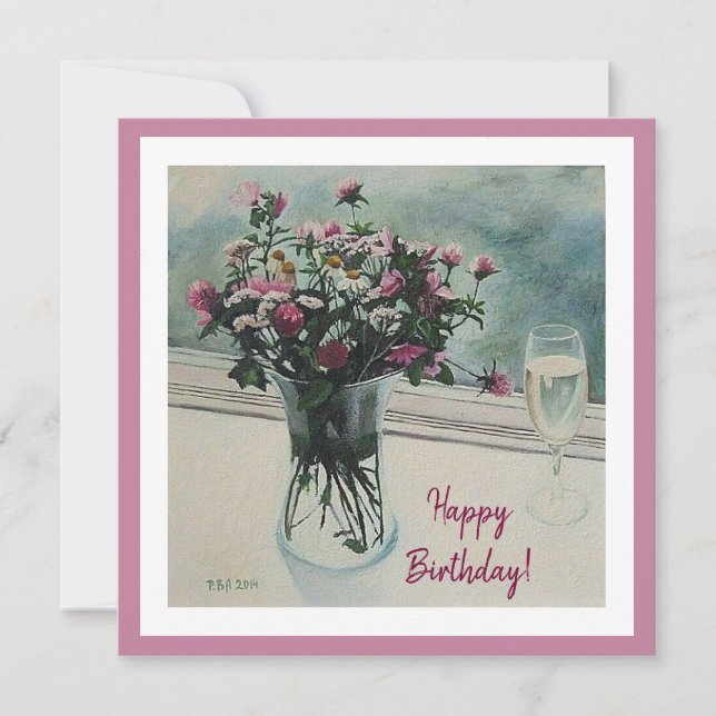 Happy Birthday pretty pink flowers floral fine art Holiday Card (Front)