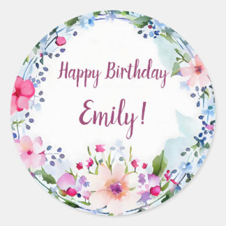 Happy Birthday Pretty PInk, Purple and Blue Floral Classic Round Sticker