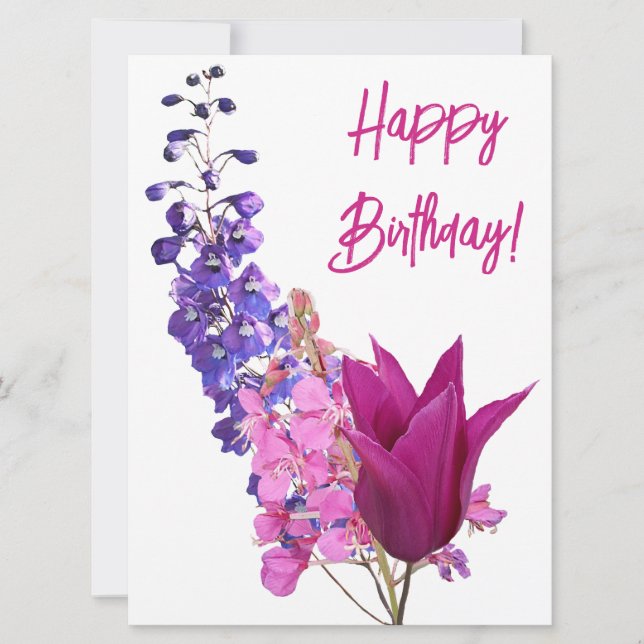 Happy birthday pretty pink tulip purple floral fun holiday card (Front)