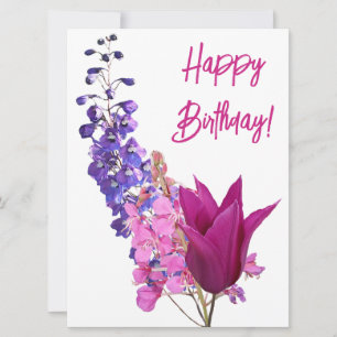 Happy birthday pretty pink tulip purple floral fun holiday card