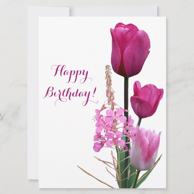 Happy birthday pretty pink tulip simple floral fun holiday card (Front)
